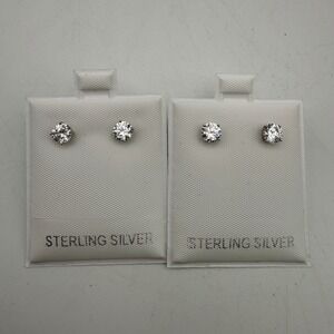 2 Sets Sterling Silver Round‎ Cut Cubic Zirconia CZ Stud Earrings Unisex Jewelry